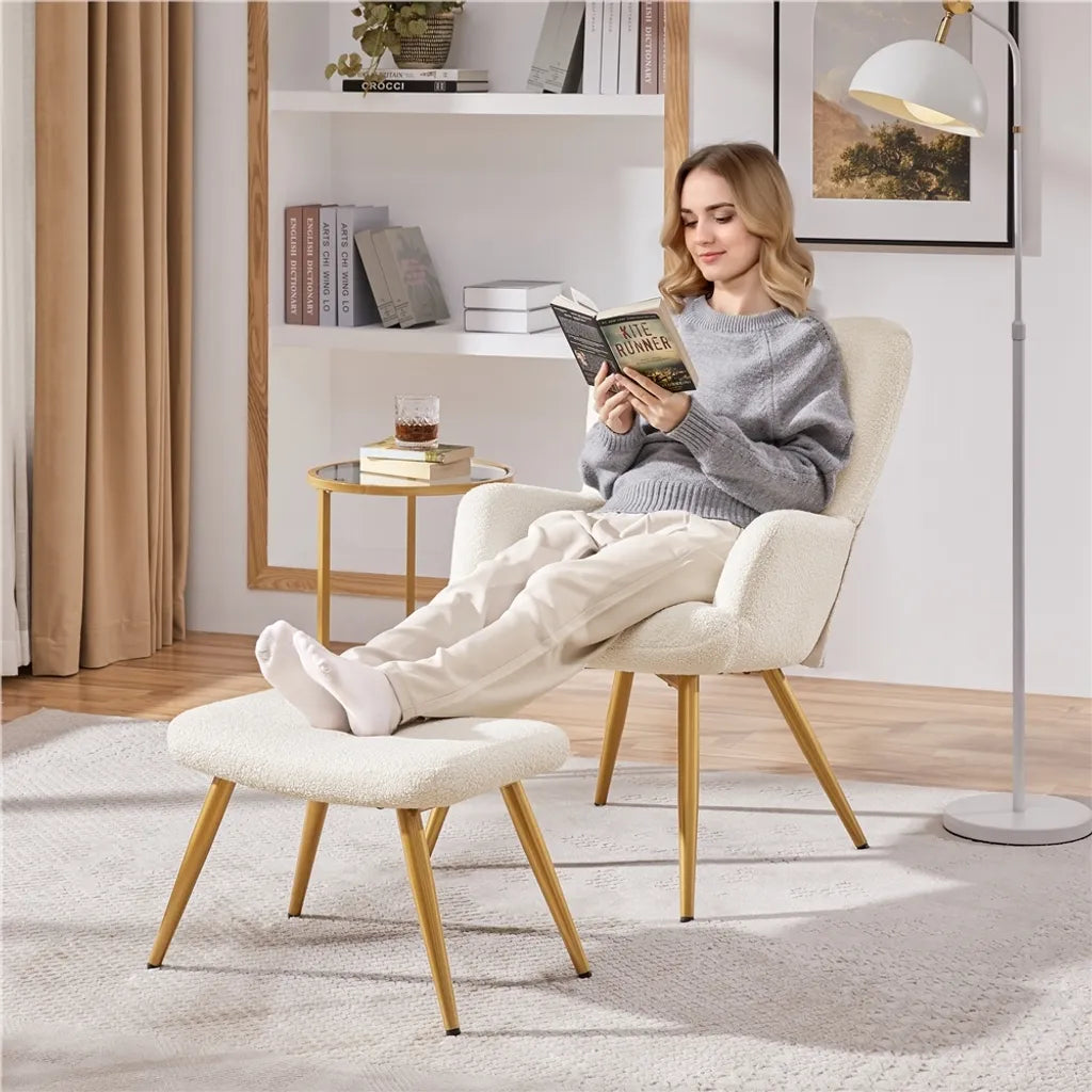 Fauteuil Yaheetech avec repose-pieds, bouclé, blanc/crème