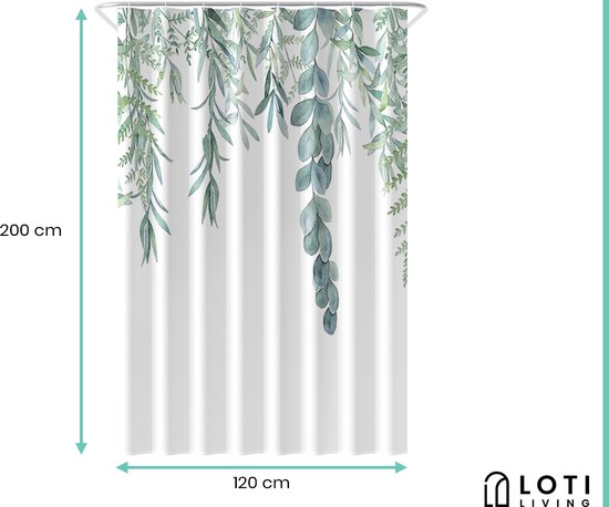 Loti Living Rideau de douche anti-moisissure - Plante suspendue - Anneaux inclus - Imperméable - Polyester - Rideau de douche 120x200 cm
