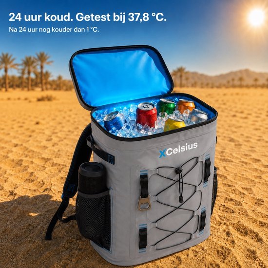 Sac à dos isotherme XCelsius® 20 litres – Sac à dos isotherme avec 2 blocs réfrigérants et un décapsuleur – Au moins 24 heures de fraîcheur – 100 % étanche – Sac à dos isotherme pour la plage, les festivals, le bateau et le camping – Gris
