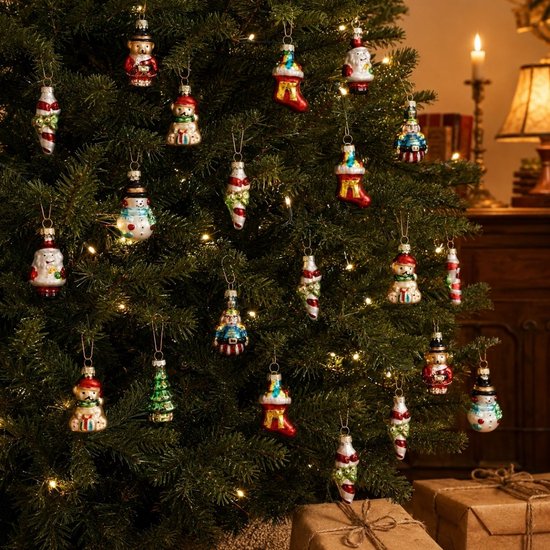 Mica Decorations - Lot de 20 boules de Noël - Décorations de Noël pour le sapin - Ornements de Noël en verre représentant des personnages classiques de Noël - Boules de Noël de 3,5 cm - Vert