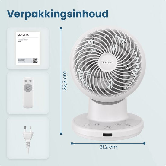 Ventilateur de table Auronic - Mini-ventilateur - Avec télécommande et minuterie - Oscillation automatique à 85° - Portée de 9 mètres - Blanc