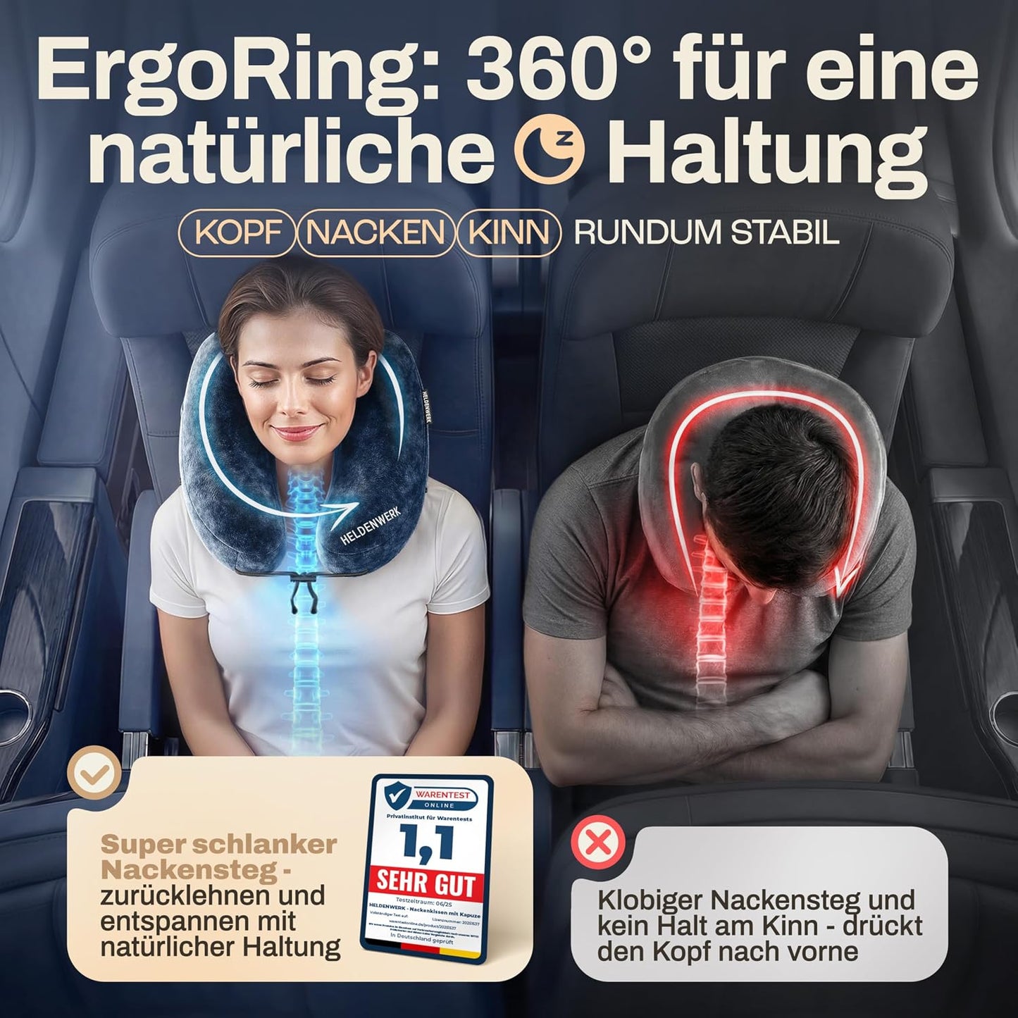 Oreiller gonflable pour la nuque Heldenwerk Premium Air - Bleu foncé - Avec capuche et bouchons d'oreille