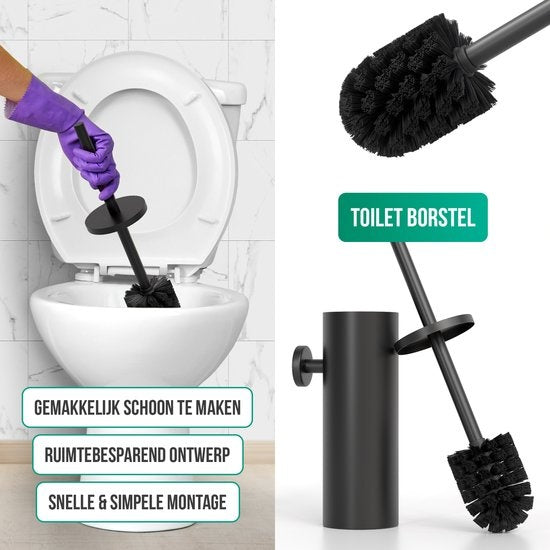 Avalo Toilet Accessories Set Black 4-Piece - Luxury Toilet Set - Brosse de toilette avec support / Porte-rouleau de toilette / Porte-rouleau de rechange / Crochet pour serviettes - Matériel de fixation inclus