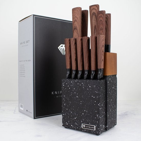 Set de couteaux avec bloc - Dymund® - Set de couteaux de chef avec bloc de couteaux - 13 pièces - acier inoxydable - Noir