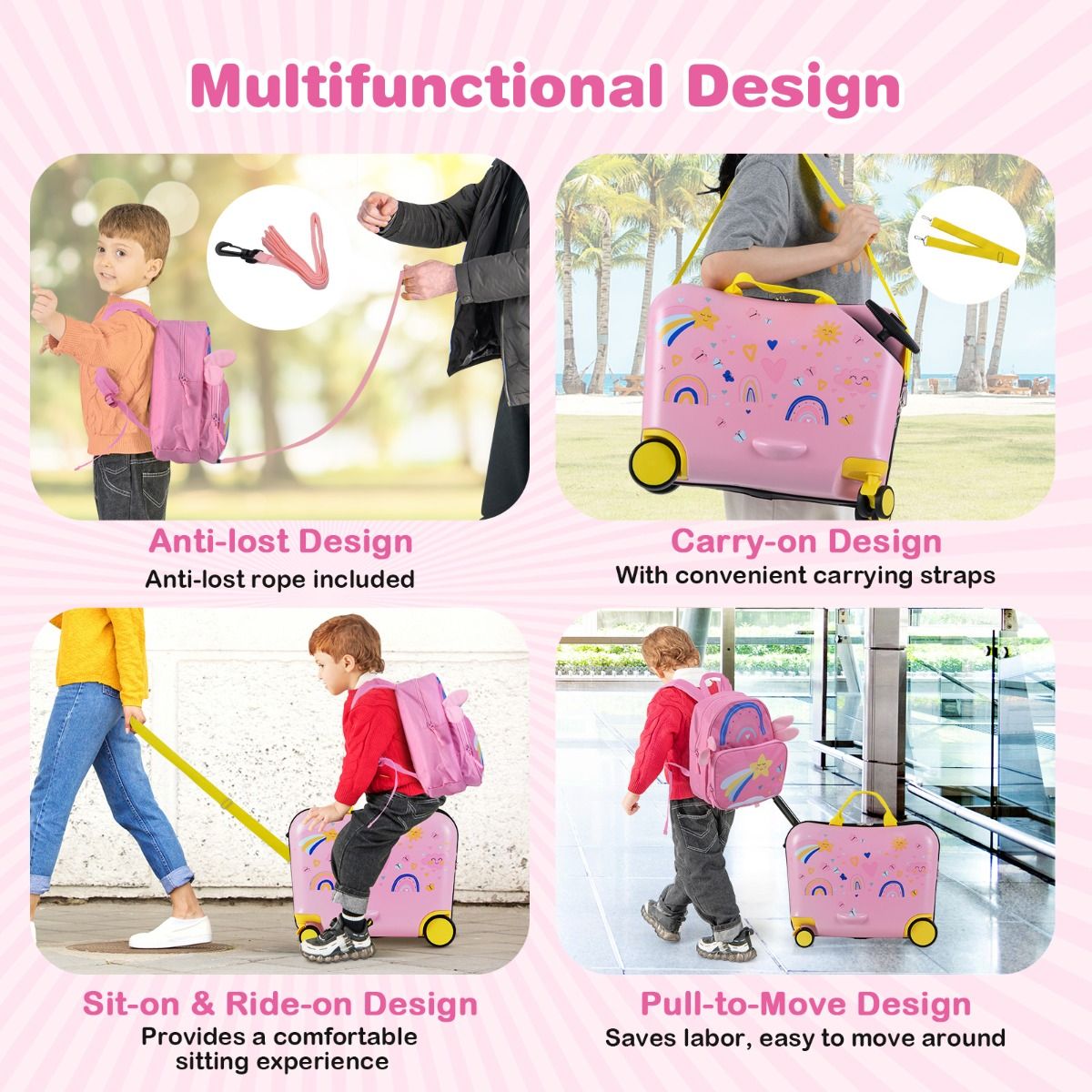 Ensemble valise et sac à dos pour enfant Coast - valise-siège avec motif d'abeilles - poignée réglable - rose