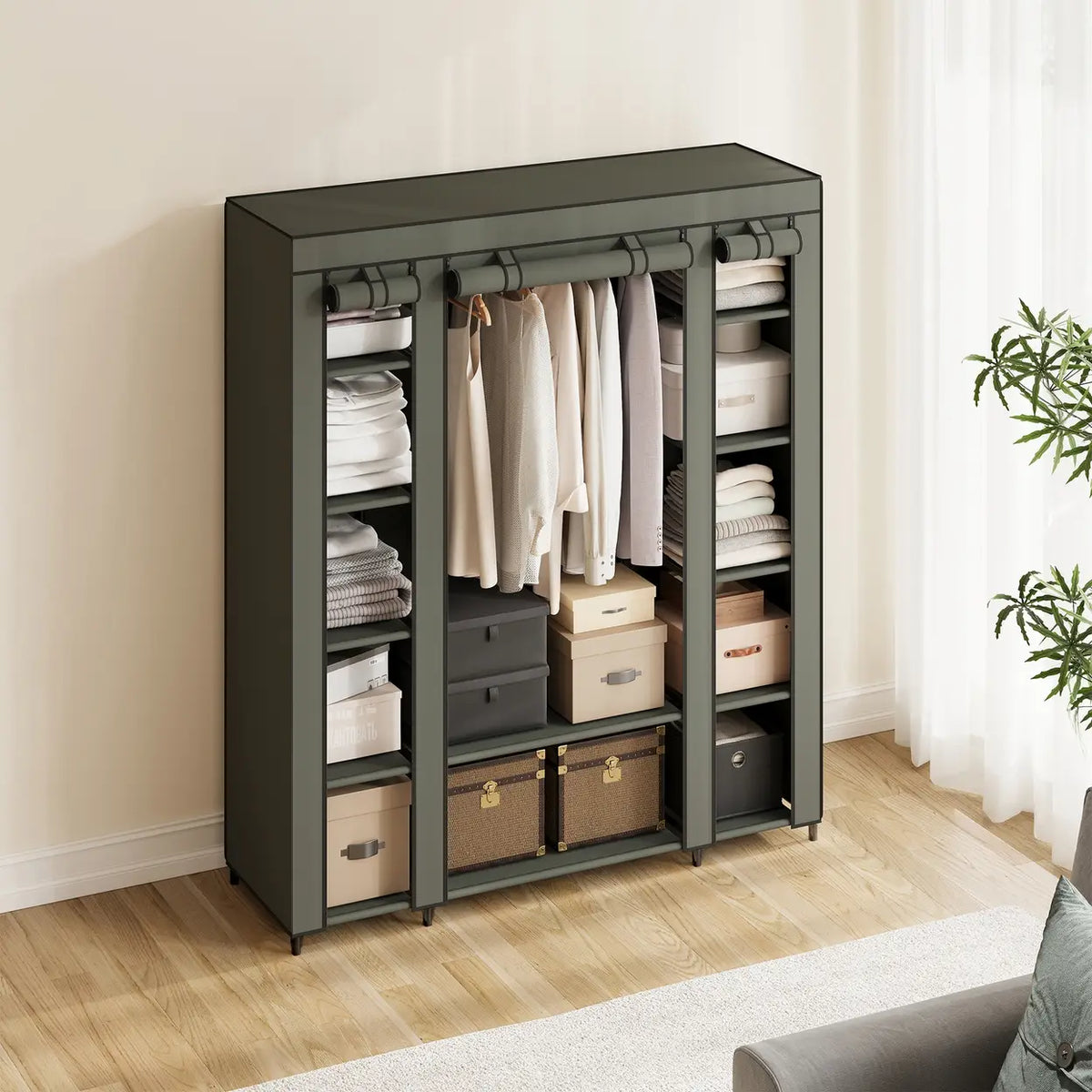 Armoire JOYFURNOS 150 x 45 x 175 cm - Vert Laurel - 12 compartiments avec tringle à vêtements