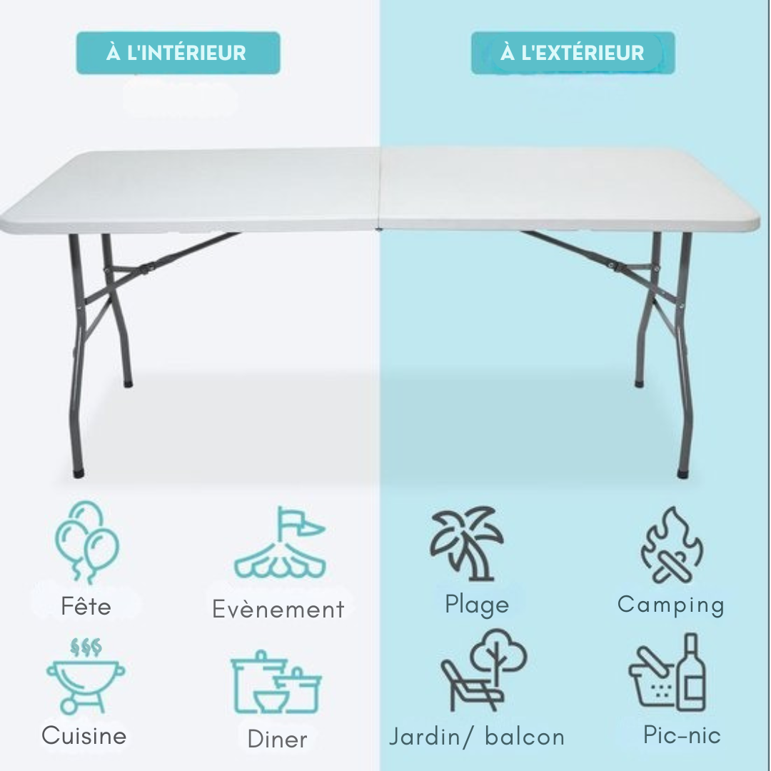 LifeGoods Table pliante - 70x180cm - Table pliante ajustable et robuste - Résiste aux intempéries - Table pliante pour l'extérieur - Blanc