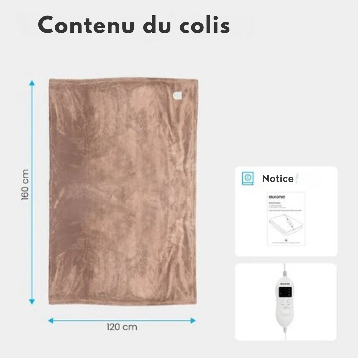 Couverture électrique Auronic - Couverture chauffante - 9 niveaux de chaleur - 1 personne - 160x120cm - Marron clair