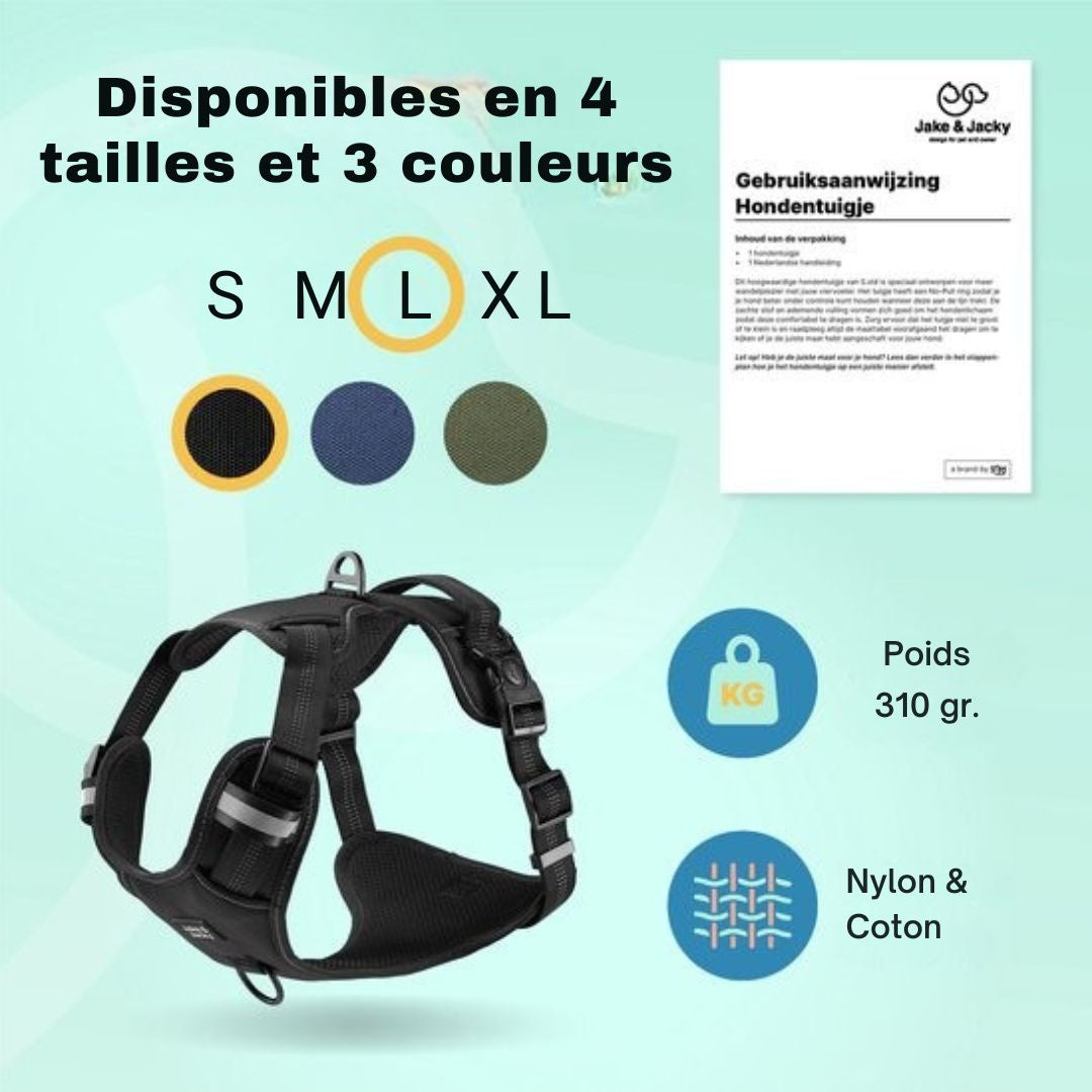 Harnais pour chien Jake et Jacky - Harnais anti-traction - Réfléchissant - Taille L - Noir
