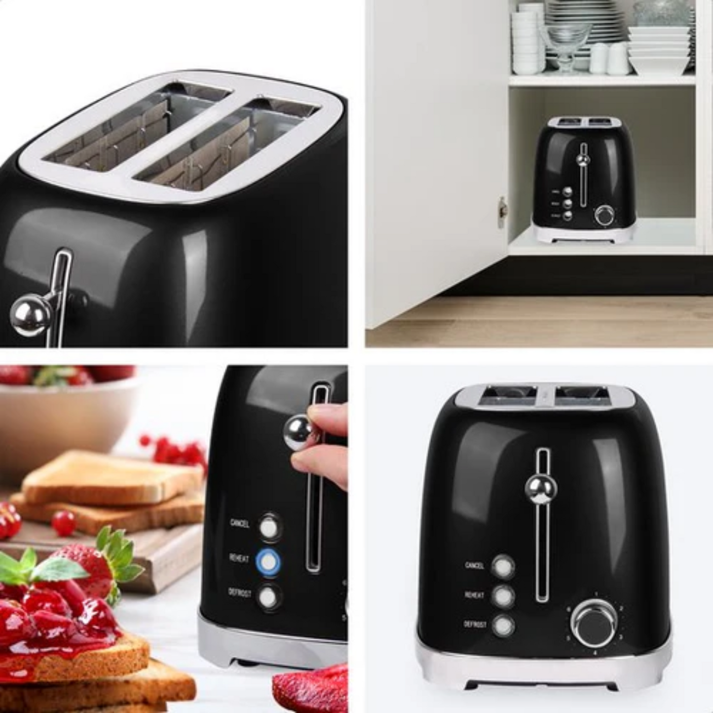 Grille-pain rétro - KitchenBrothers - 6 niveaux de chaleur - 2 fentes extra-larges - 1630W - réchauffe et décongèle - Noir