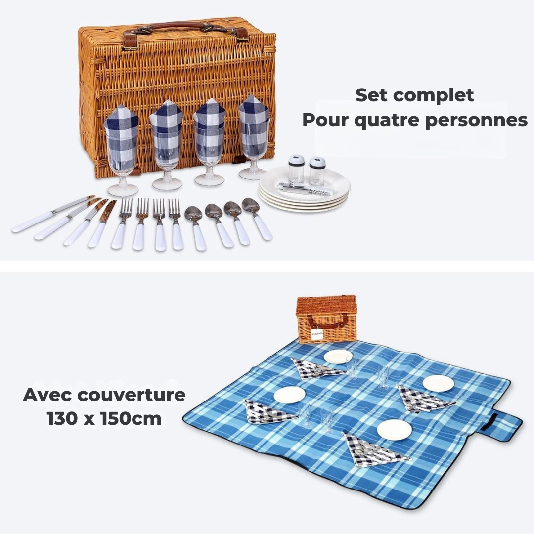 Panier Pique-Nique LifeGoods - 4 Personnes en Osier - 29 Pièces avec Tapis - Osier