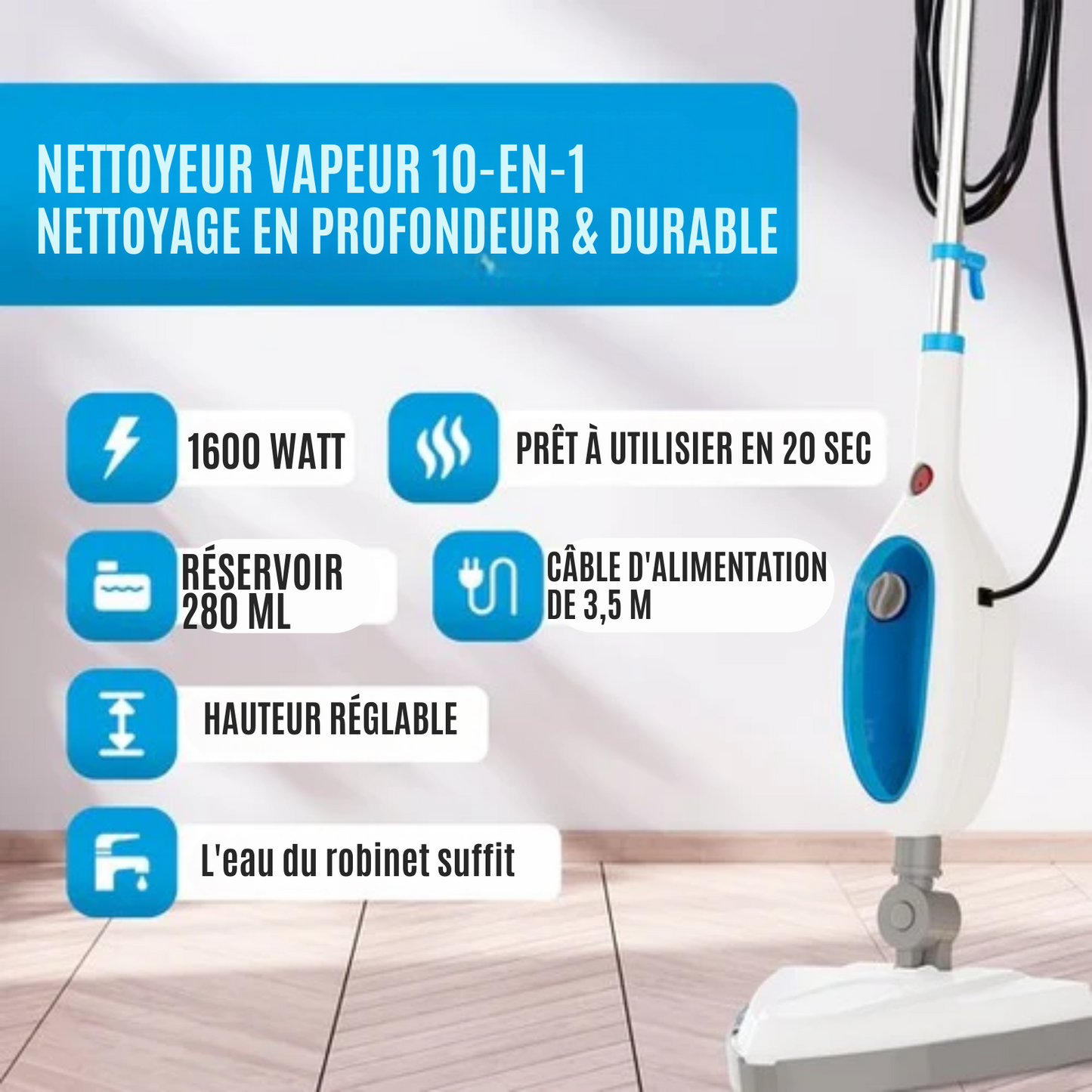Nettoyeur Vapeur 12 en 1 – Strex - Défroisseur Manuel / Nettoyeur de Tapis / Détacheur - 1600W - Blanc et bleu