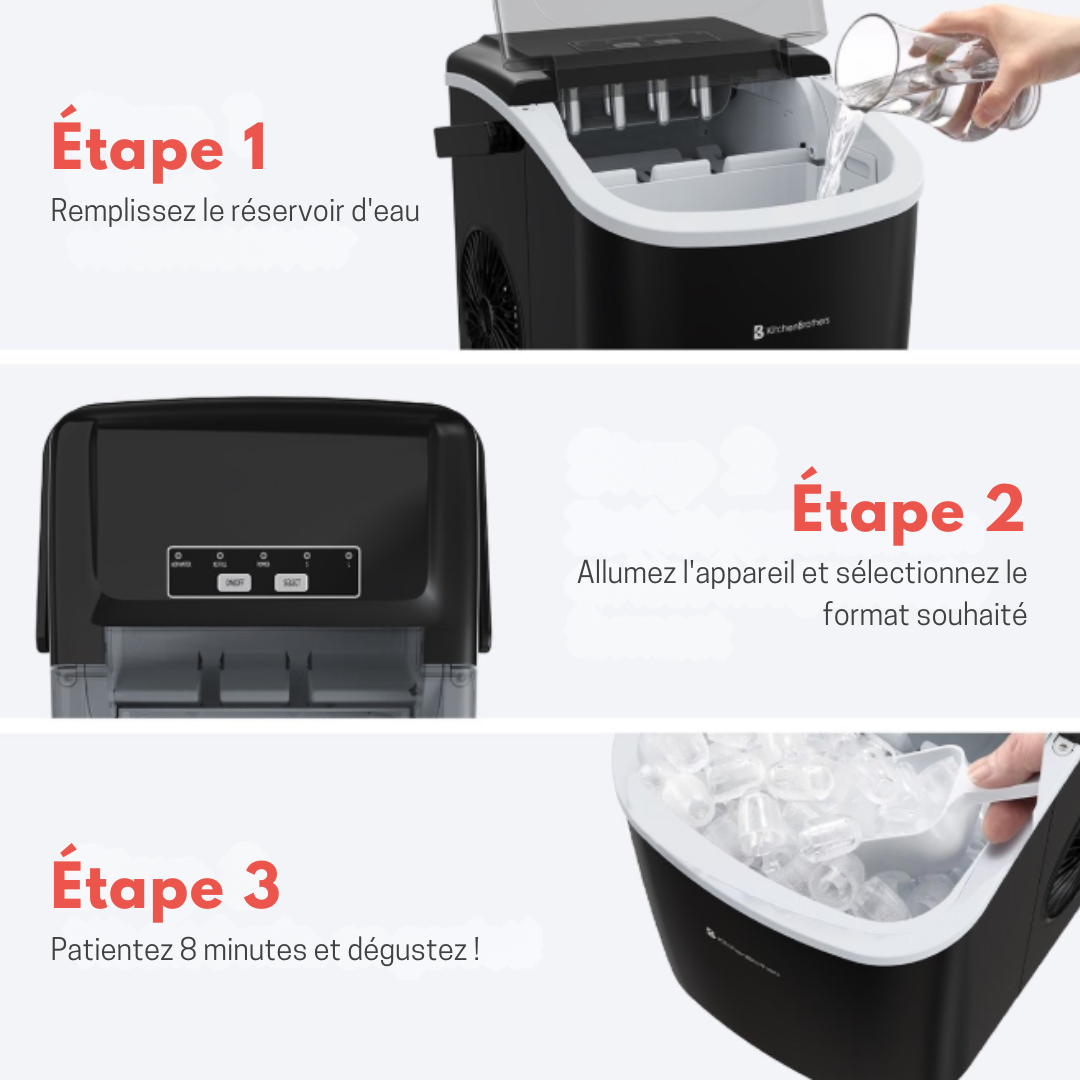 Machine à glaçons KitchenBrothers - 7 à 9 min - Portable avec poignée - Pelle à glaçons incluse - Noir