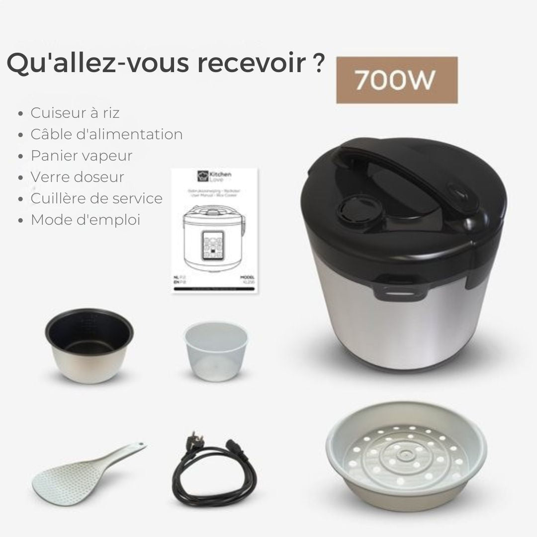 Cuiseur de riz à la vapeur - KitchenLove - 1.2L - Multicooker - Slow Cooker - 2 à 5 personnes - Acier inoxydable noir