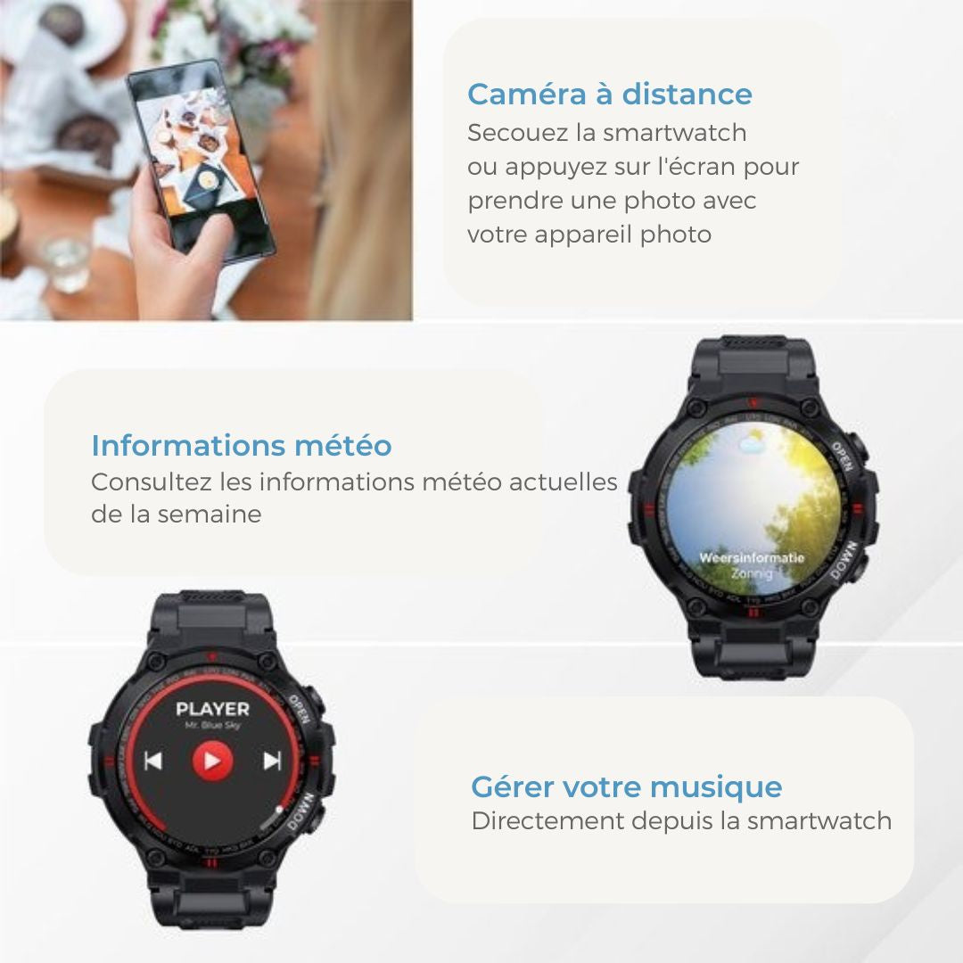 Montre connectée K22 - Nuvance - 45mm - Ecran tactile - Etanche IP67 - Hommes, femmes et enfants - iOS & Android - Noir