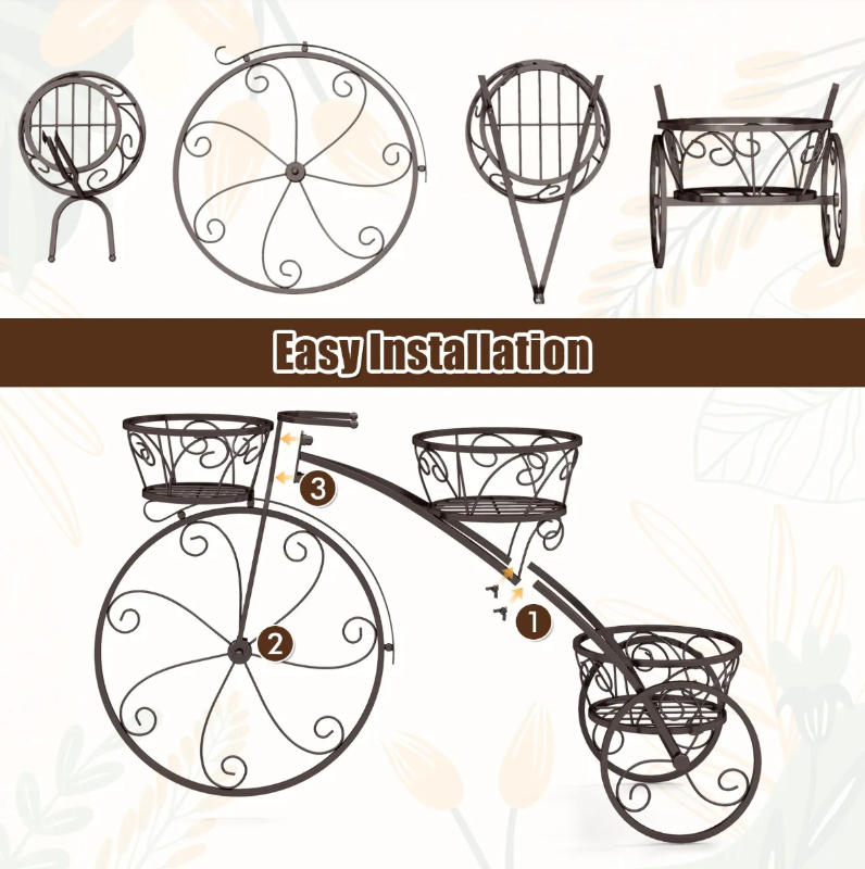 Coast Three-Whelleled Plant Stand 85x25x50 cm - Support à fleurs en métal à 3 couches en bronze - Pour l'intérieur et l'extérieur