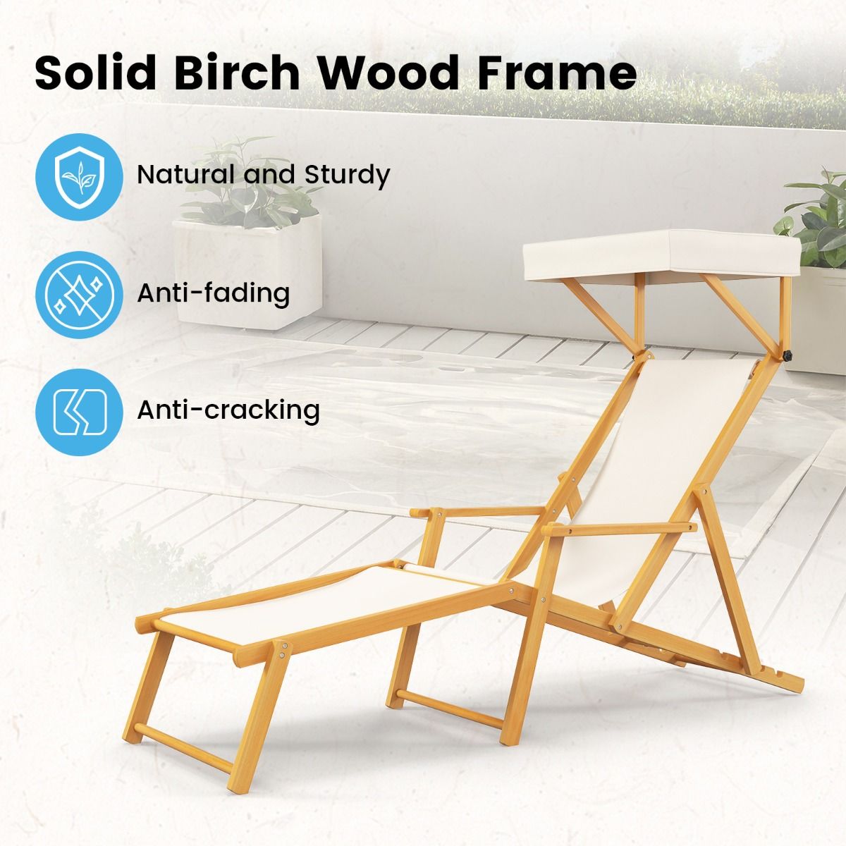 Chaise longue de plage pliable Coast Birchwood avec baldaquin, dossier et repose-pieds réglables - Beige/Naturel - 170x62x140 cm