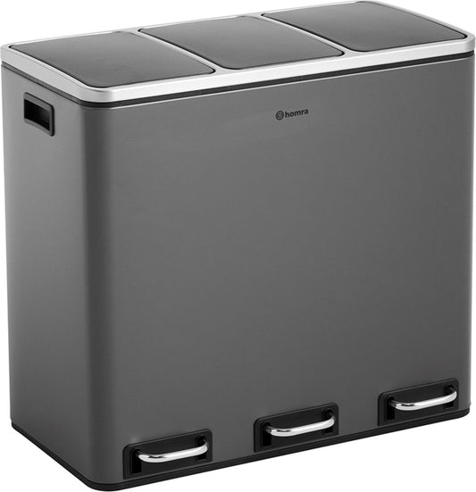 Homra SPARQ Poubelle 3 compartiments - 3 x 18 L - 54 Litres - Gris - Acier inoxydable - Poubelle à pédale Trio - Poubelle de recyclage à 3 compartiments - Séparation hygiénique des déchets - Poubelle de cuisine grise - Poubelle de bureau - Pédale - Poubel