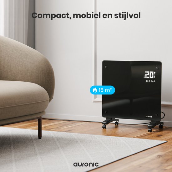 Auronic Electric Heater - Convector Heater with Thermostat and Remote Control - Glass Panel Heater - 1000W Heater - Black