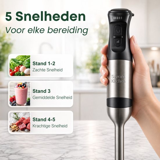 Mixeur plongeant Savoré Kitchen Pro+ 1500 W – Ensemble comprenant un hachoir de 600 ml, un fouet, un mousseur à lait et un verre doseur – 5 vitesses – 6 lames – acier inoxydable