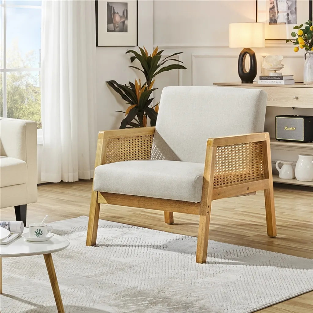 Fauteuil Yaheetech 65,5 x 71 x 74,5 cm - Beige - Fauteuil de salon rembourré avec accoudoirs en rotin