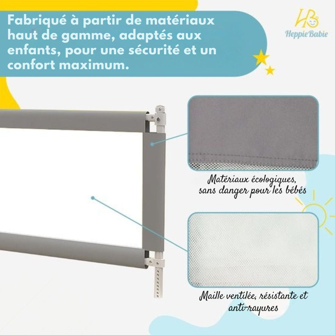 Barrière de lit HeppieBabie  - universelle - extra longue 150 CM - réglable - avec filet de sécurité - grise