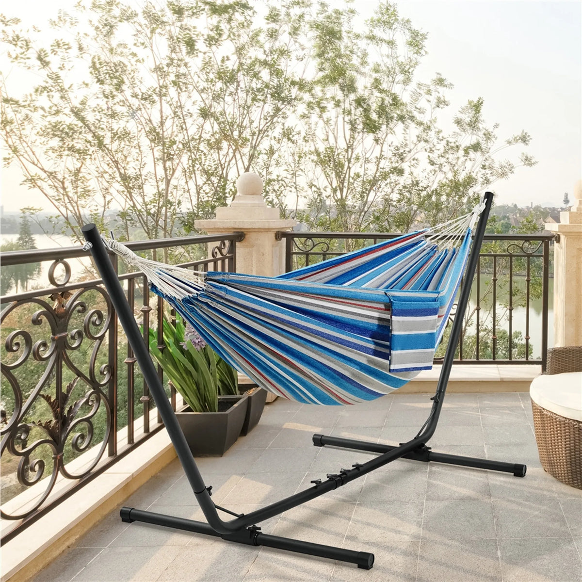 Hamac de camping avec support pour 2 à 3 personnes, réglable de 294 à 314 cm, bleu