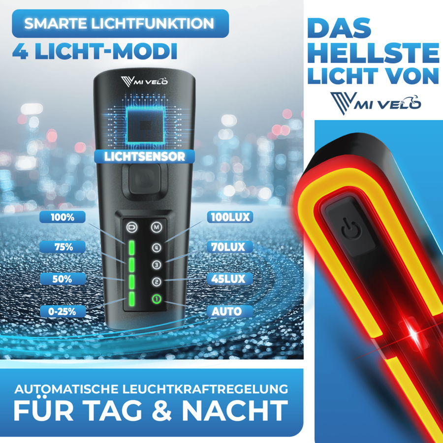Kit d'éclairage Smart-Ultimate pour vélo - LED - 100 Lux - Feu de freinage - USB - Noir
