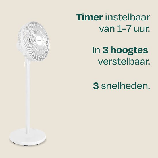 Ventilateur de sol VONROC - 3 vitesses – télécommande incluse - minuterie - réglable sur 3 hauteurs - blanc