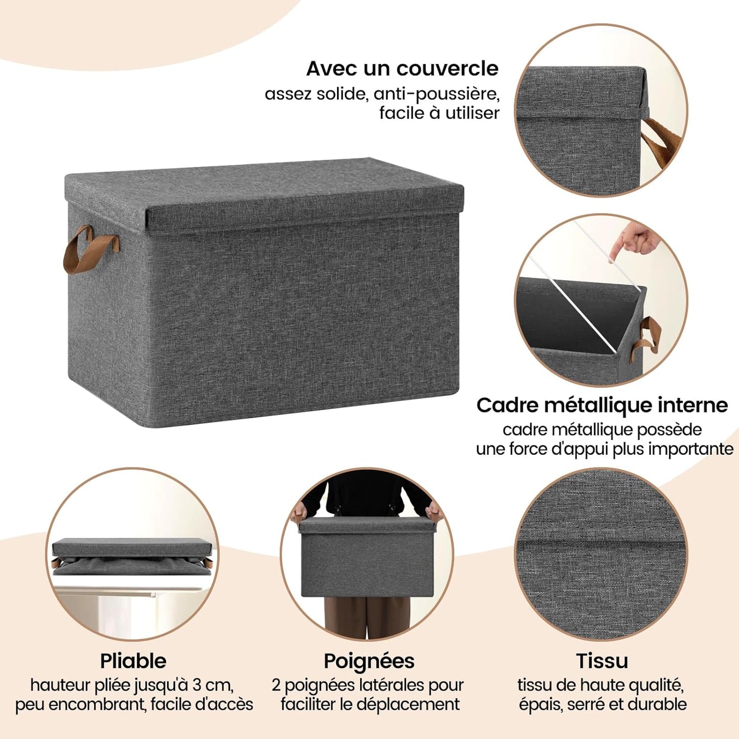 Lot de 5 boîtes de rangement WOLTU - Gris - 43 x 26 x 33 cm