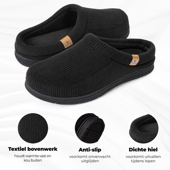 Chaussons Hommes - Chaussons - Taille 46/47 - Noir - Velours côtelé - Antidérapant - Comfeet