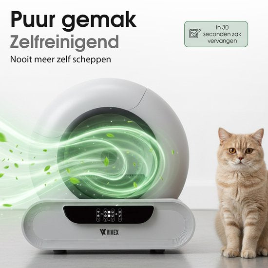 Vivex® Automatic Litter Box - Bac à litière autonettoyant avec application - 75L - avec tapis et 5 sacs de ramassage en rouleau - XXL