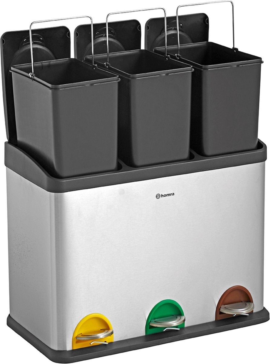Poubelle de tri sélectif Homra STEPHS - 3 compartiments - 45L - acier inoxydable