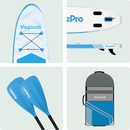 LifeGoods SUP Board All-round Compact - Avec siège - Capacité de charge 100 KG - 300 x 76 cm - Gonflable - Ensemble complet de SUP - Bleu ciel