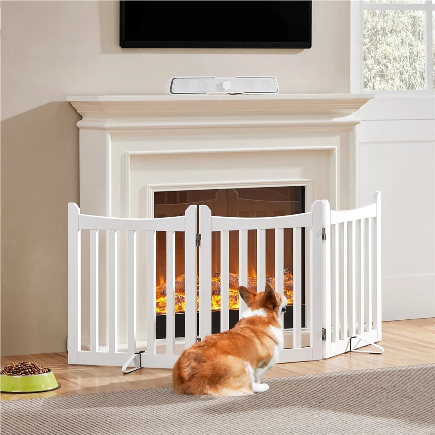 Yaheetech Dog Gate White 3-Piece - Equipée de charnières à 360°, de deux pieds en métal et de capuchons en mousse EVA - Pour les escaliers et la cuisine - MDF blanc et métal - 152 x 60.5 x 2 cm