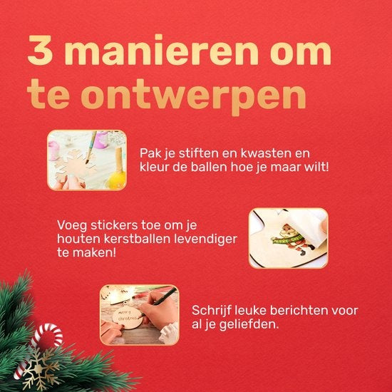 Giftmas Boules de Noël en bois - Décorations de Noël pour l'intérieur - Boule de Noël en bois - Noël - 10 Formes - ?7.5cm - 50 Pièces