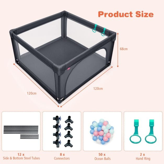 Coast Baby Playpen Ground Box with 50 Playballs Parc pour bébé avec filet respirant 120 x 120 cm Gris foncé