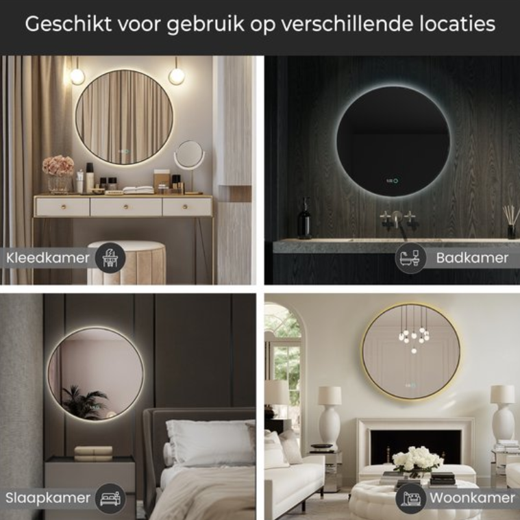 Miroir Lumoire Neon 8000 avec éclairage - Bord noir - Ø 80 cm - Rond, anti-buée, en forme d'horloge