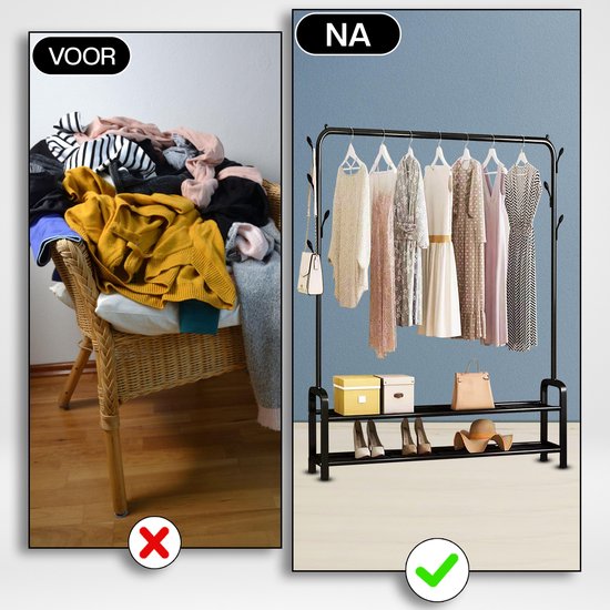 Vonia Rack à vêtements 152 x 34 x 102 cm - Rack à vêtements avec porte-chaussures - Rack à vêtements en métal - Rack de penderie - Noir
