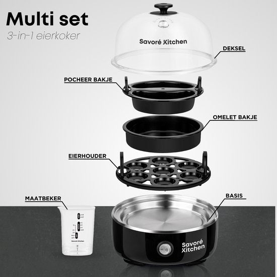 Savoré Kitchen 3-in-1 Poule à oeufs 7 oeufs - électrique - Poule à oeufs avec minuterie - noir
