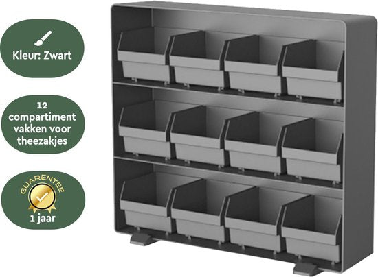 BRASQ Tea Organiser Black TB200 - Boîte à thé 12 compartiments - organiseur de cuisine - Boîte à thé - Porte-sachets de thé - Système de rangement peu encombrant