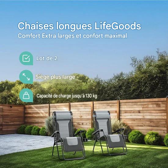 LifeGoods Chaises longues confort - pliable - 30°-90° réglable - support pour gobelets et téléphone - chaises de jardin - noir/gris