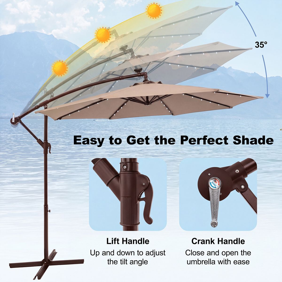 Parasol suspendu Coast à énergie solaire - 40 LED - orientable et inclinable - marron - 300 x 300 x 250 cm
