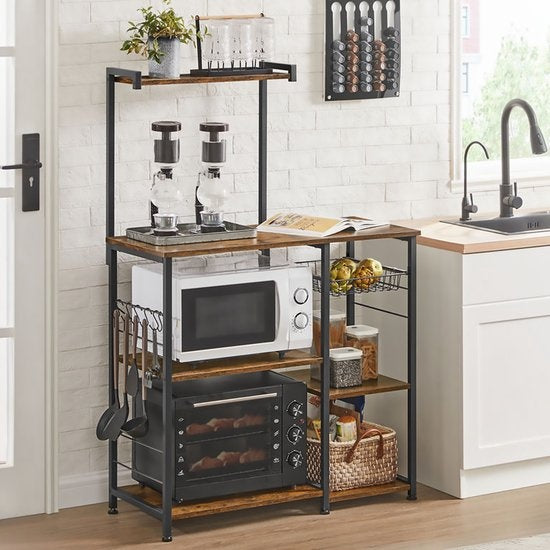Goliving Armoire de cuisine - Etagère de cuisine verticale - Armoire à micro-ondes - Organisateur - Métal - Bois - 90 x 40 x 132 cm - Marron