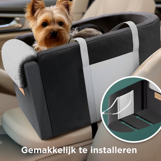 CozySense® Siège auto pour chien - Panier auto pour chien avec housse lavable - Pour petit chien - S'adapte à la console centrale - Sert également de sac de transport - Noir/Gris