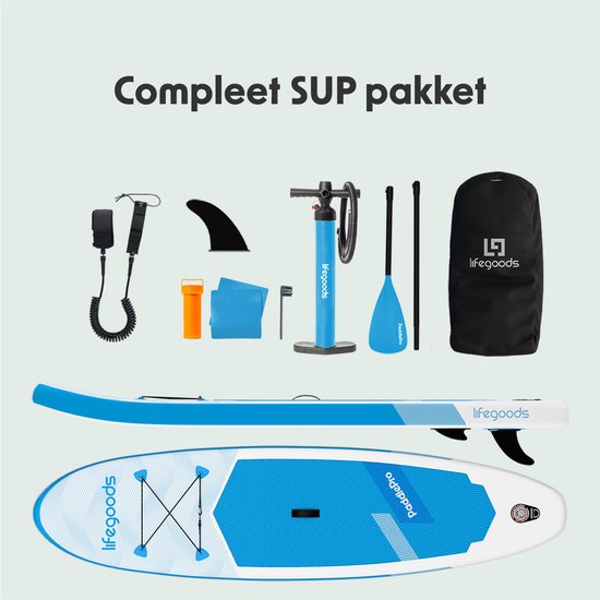 LifeGoods SUP Board All-round Compact - 100 KG Load Capacity - 300 x 76 cm - Inflatable - Complete SUP Package - White/Sky Blue