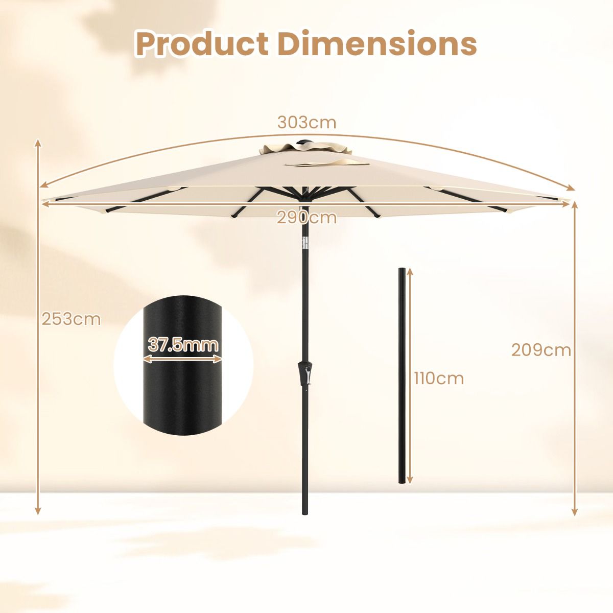 Coast Terrace Parasol 303 cm Beige - Parasol inclinable avec manivelle, 8 balais et double toit pour jardin, terrasse ou piscine