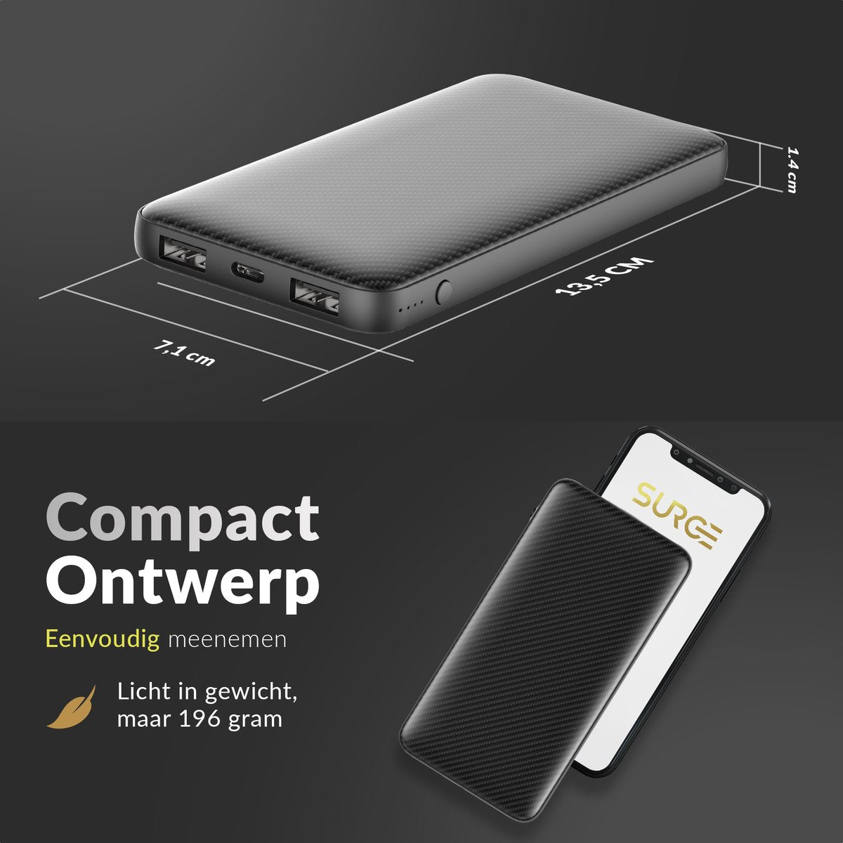 Surge Powerbank 10 000mAh - Chargeur rapide pour charger 3 appareils simultanément - Convient à iPhone et Samsung - Avec connecteur USB-C