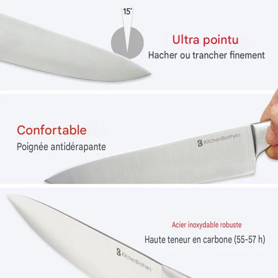 KitchenBrothers Set de couteaux de 16 pièces - avec ciseaux et acier d'affûtage - Argent/Acier inoxydable