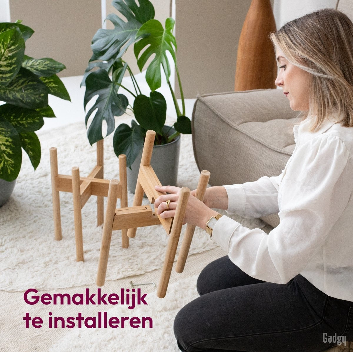 Gadgy Bamboe Plantenstandaard 2 st - Plantentafel - Plantentafeltje voor binnen - Plantenrek - Uitschuifbaar - Hout - Ø 20 tot 30 cm